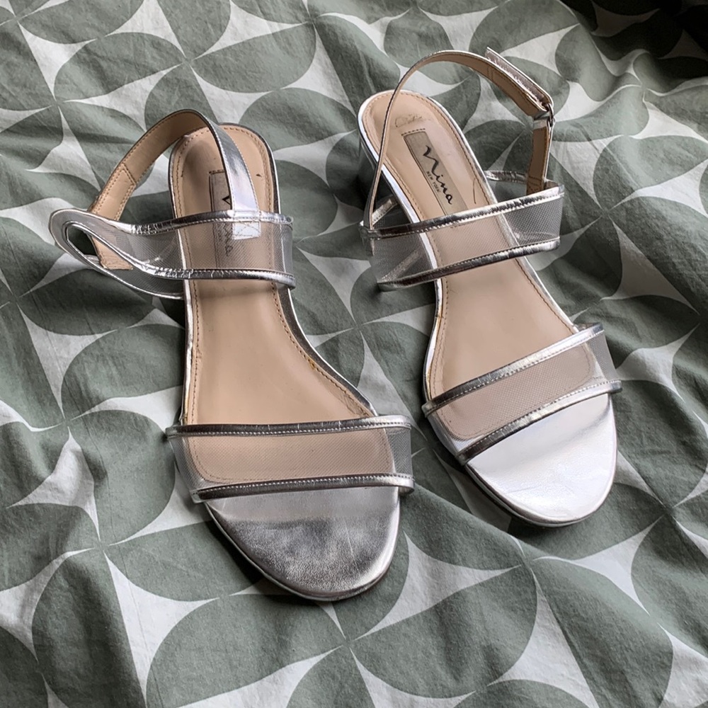 Nina New York Metallic Silver Mesh Low Heel Sandal